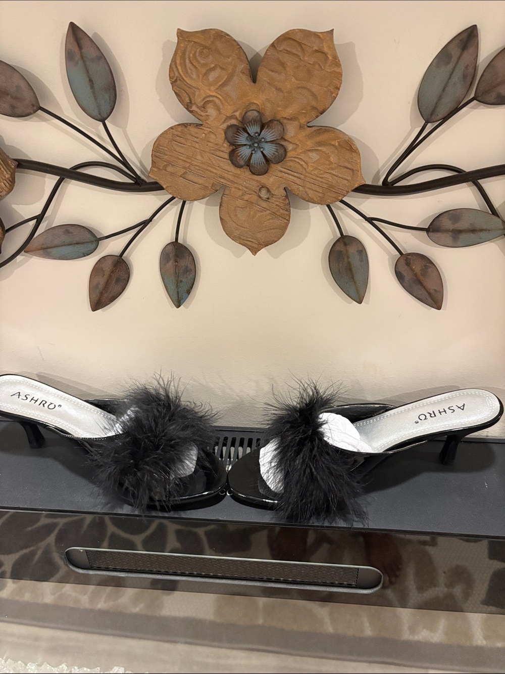 Ashro Black Feather Trim Patent Slip-On Mule Heels